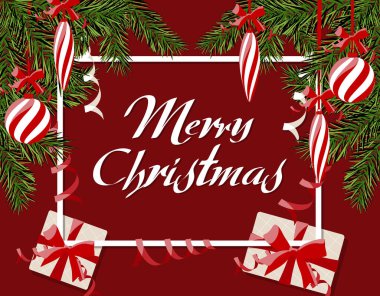 Yeni yıl s Noel. Broşür, kartvizit, kartpostal. Çizgili topları, hediyeler ve buz sarkıtları. Ağaçlar yeşil dalı. Yazıt. illüstrasyon