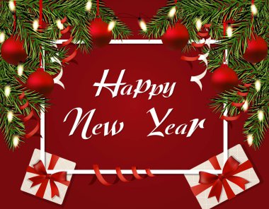 Yeni yıl s Noel. Broşür, kartvizit, kartpostal ve çelenk. Kırmızı topları, hediyeler ve buz sarkıtları. Yeşil bir ağaç dalları. illüstrasyon