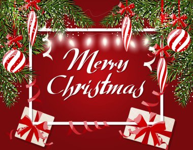 Yeni yıl s Noel. El ilanı, kartvizitler, kart ve çelenk. Çizgili topları, hediyeler ve buz sarkıtları. Yeşil bir ağaç dalları. illüstrasyon