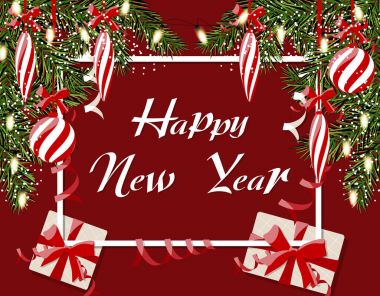 Yeni yıl s Noel. kartvizit, kartpostal ve çelenk. Yazıt. Çizgili topları, hediyeler ve buz sarkıtları. Yeşil bir ağaç ağaç dalları. illüstrasyon