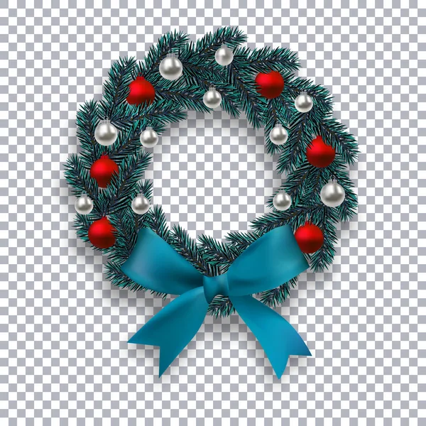 A blue branch of spruce in the shape of a Christmas wreath with a shadow. Blue bow, silver and red balls on a checkered background. illustration — Stock Vector