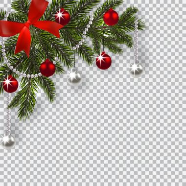 Yeni yıl Noel. Yeşil oyuncaklar ile bir gölge ile Noel ağacı dalı. Köşe çizim. Mavi soğan, damalı zemin üzerine gümüş ve kırmızı top. illüstrasyon
