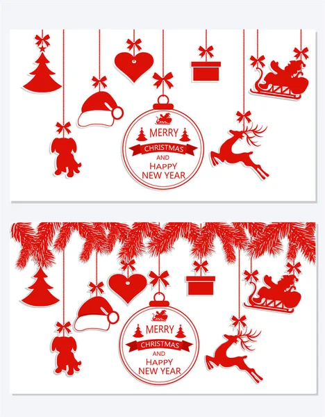 Nouvel An Noël. Ensemble différents ornements suspendus Chapeau de Père Noël, cerf, coeur, cadeau, chien et arbre de Noël isolé sur blanc. Inscription de félicitations. illustration — Image vectorielle