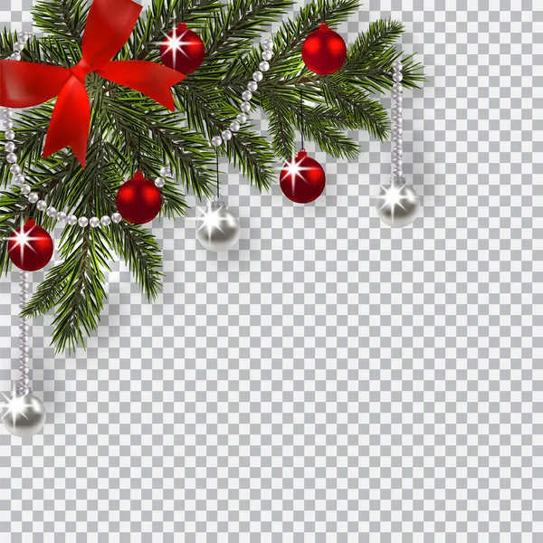 Vánoce Nový rok. Zelené větve vánočního stromku s hračkami se stínem. Rohu výkresu. Modrá cibuli, stříbrné a červené koulí na pestrou pozadí. ilustrace — Stockový vektor