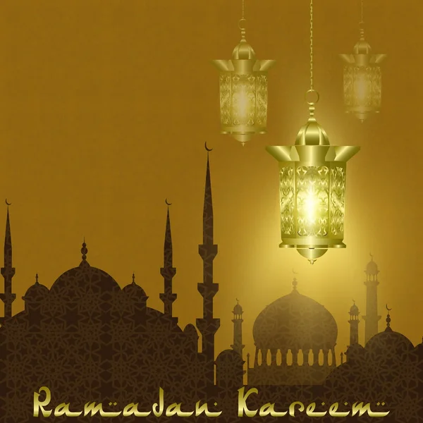 Ramadan Kareem. Disegno stilizzato della silhouette della città orientale. Le lanterne sono stilizzate per rame, bronzo su uno sfondo di un ornamento. illustrazione — Vettoriale Stock