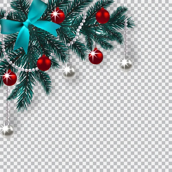 Kerst Nieuwjaar. Een blauwe tak van een kerstboom met speelgoed met een schaduw. Hoek tekening. Blauwe uien, zilveren en rode ballen op een geblokte achtergrond. illustratie — Stockvector