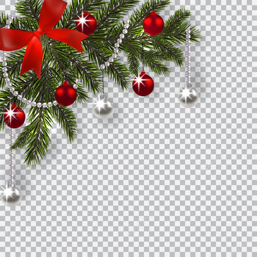 New Year Christmas. A green branch of a Christmas tree with toys with a shadow. Corner drawing. Blue onions, silver and red balls on a checkered background. illustration