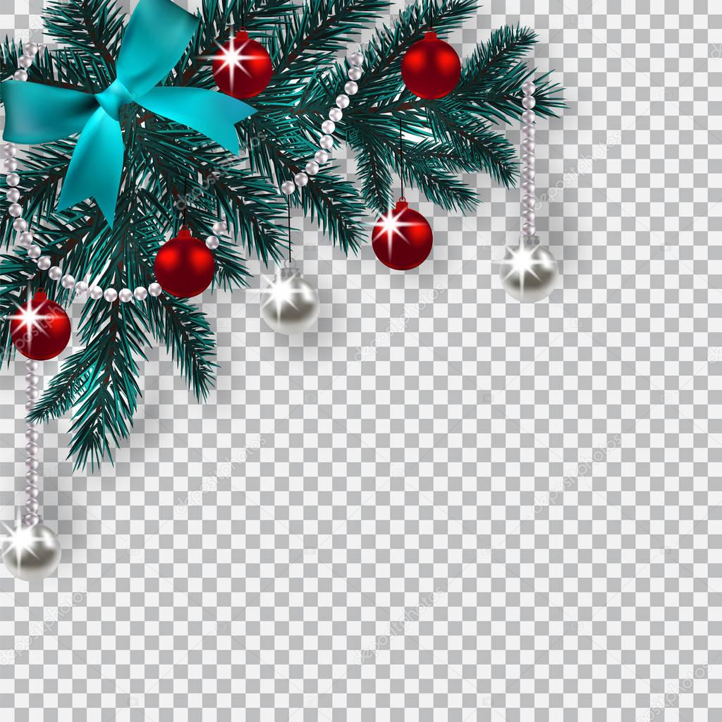 New Year Christmas. A blue branch of a Christmas tree with toys with a shadow. Corner drawing. Blue onions, silver and red balls on a checkered background. illustration
