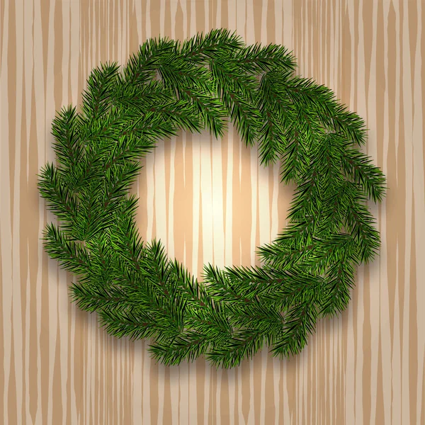 Kerst Nieuwjaar. Groene tak van Spar in de vorm van een kroon van Kerstmis met schaduw. tegen de achtergrond van natuurlijk hout. illustratie — Stockvector