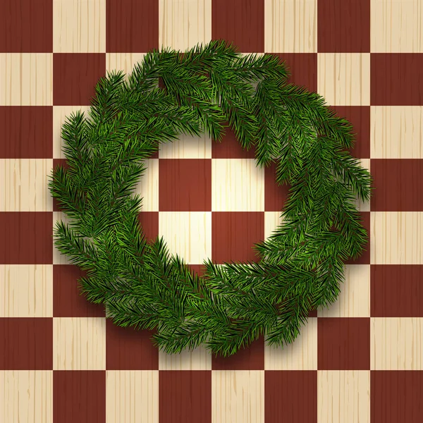 Groene tak van Spar in de vorm van een kroon van Kerstmis met schaduw. tegen de achtergrond van een natuurlijke boom in een kooi. Een schaakspel veld. illustratie — Stockvector