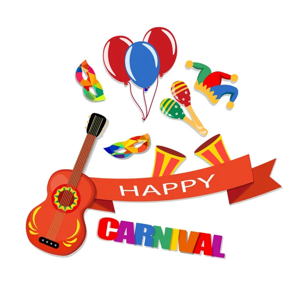 Счастливого карнавала. Лента с надписью, гитарой, кепкой, масками, воздушными шарами, маракасами, барабанами. иллюстрация — стоковый вектор