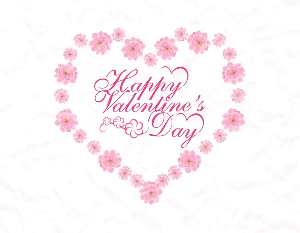 Día de San Valentín. Tarjeta. Inscripción de felicitación. Corazón de flores rosas Sakura. ilustración — Vector de stock