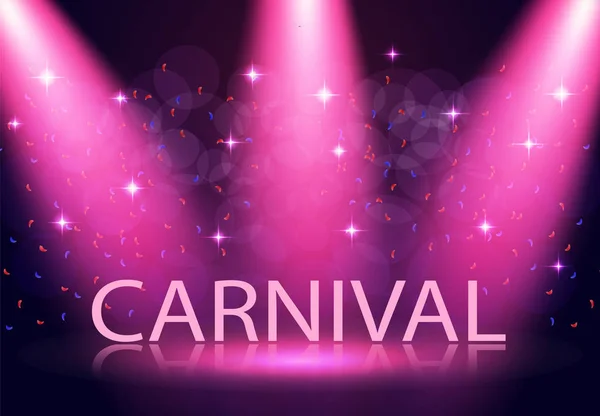 Die Inschrift lautet Karneval. Bühnenbeleuchtung, Podium, Scheinwerfer. Konfetti fliegt. lila Hintergrund. Illustration — Stockvektor