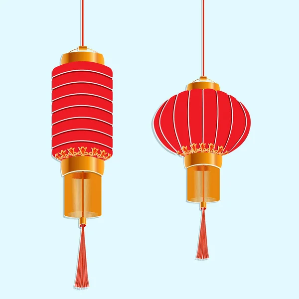 Chiński Nowy rok. Czerwone latarnie są okrągłe i cylindryczny kształt. Wycięte z papieru, aplikacji. Ilustracja na białym tle — Wektor stockowy
