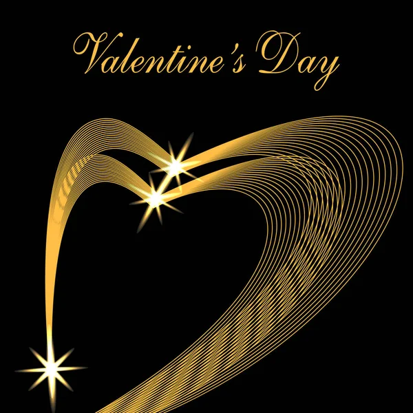 Día de San Valentín. Inscripción de felicitación. Dos ondas doradas en forma de corazones sobre un fondo negro. Estrellas. ilustración — Vector de stock