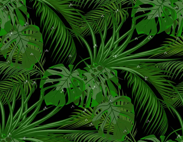 Dschungel. grüne Blätter tropischer Palmen, Monstera, Agave. Tautropfen, Regen. nahtlos. isoliert auf schwarzem Hintergrund. Illustration — Stockvektor