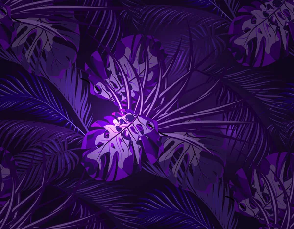 De jungle in het ultra Violette licht. Neon. bladeren van tropische palmbomen, monsters, stof. Naadloze. illustratie — Stockvector