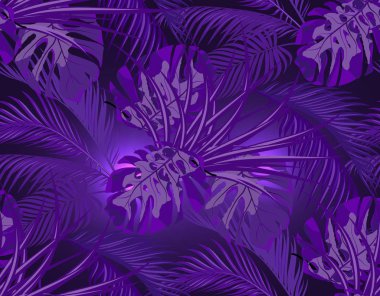 Orman. Neon ultra violet. tropikal palmiye ağaçları canavarlar, Agav'lar bırakır. Sorunsuz. illüstrasyon
