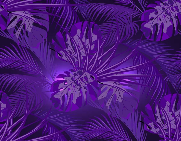 Jungle. Neon ultra violet. bladeren van tropische palmbomen, monsters, stof. Naadloze. illustratie — Stockvector