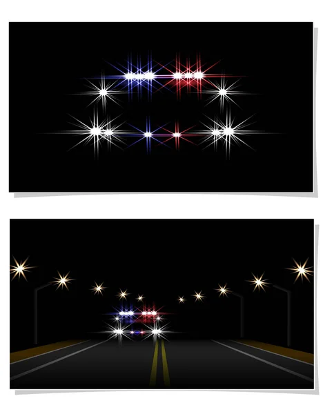 Efek cahaya abstrak. Mobil polisi di malam hari close-up dan di jalan raya dengan lampu di depan. Jalan, tiang lampu. ilustrasi - Stok Vektor