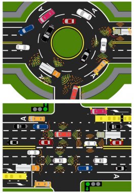 Özerk akıllı makinelerin hareketi. Yollar, etkileşim tarama. Otomatik durur ve trafik geçiş bir daire ve bir yol boyunca. illüstrasyon.