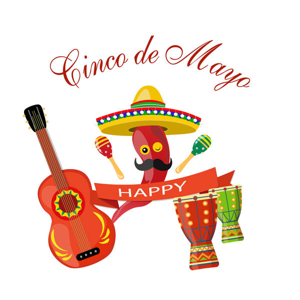 Cinco de Mayo. maracas green and red, drum, guitar, red pepper with mustaches, ribbon. Congratulatory inscription. illustration