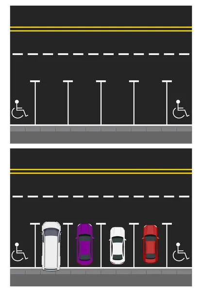 Due foto. Auto colorate parcheggiate, strada, vista dall'alto. posti liberi, posti per disabili. illustrazione — Vettoriale Stock