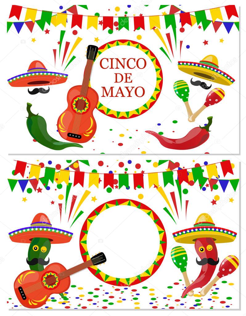 Cinco de Mayo. Two flyers, postcards. Maracas green and red, drum, guitar, red and green pepper with a mustache. Congratulatory inscription. illustration