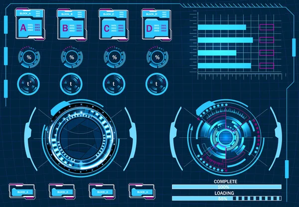 Gestione computer, interfaccia utente grafica virtuale, elementi HUD. illustrazione — Vettoriale Stock