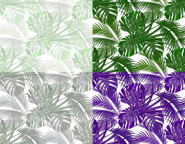Na selva. Folhas exuberantes de palmas tropicais, monstros, agaves. Preparado. Sem costura em cores diferentes. Isolado em fundo branco. Ilustração —  Vetores de Stock