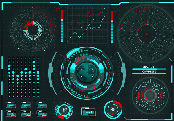 Computer management. Diagnostic stand. Virtual graphic interface, electronic lens, HUD elements. illustration