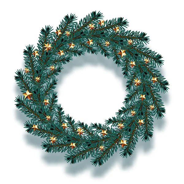 Christmas, New Year. Dark blue branches of spruce in the form of a Christmas wreath with gold stars and shadow. illustration — Stock Vector