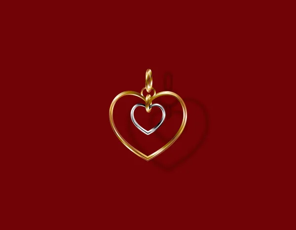 Valentinstag. Goldanhänger in Form von zwei Herzen aus Weiß- und Gelbgold. 3D mit Schatten. Illustration — Stockvektor