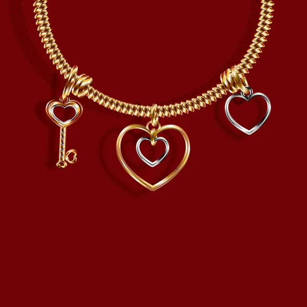 Saint Valentin. Bracelet en or avec trois breloques Charme en forme de Clé, un coeur d'or blanc et jaune. 3D avec ombre. illustration — Image vectorielle