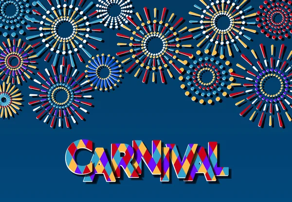 Karnevalsaufschrift mit Schatten. Buntes Feuerwerk. aus Papier ausgeschnitten. Flyer, Einladung. Illustration — Stockvektor