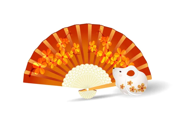 Chinese New Year 2020. White statuette of rat against fan background with shadow. illustration — Stok Vektör