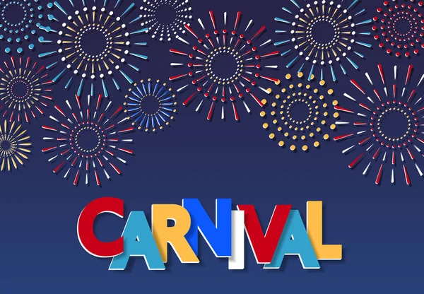 Diseño de inscripción de carnaval. Fuegos artificiales multicolores. Cortado de papel. Volante, invitación. ilustración — Vector de stock