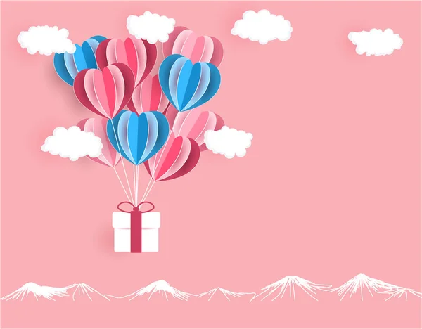 Valentine s Day. The gift is delivered on balloons cut out of paper on a pink background. illustration