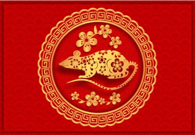 2020 Çin takvimine göre metal bir faredir. Sakura. Kartpostal Amblem, rozet, mühür. resimleme