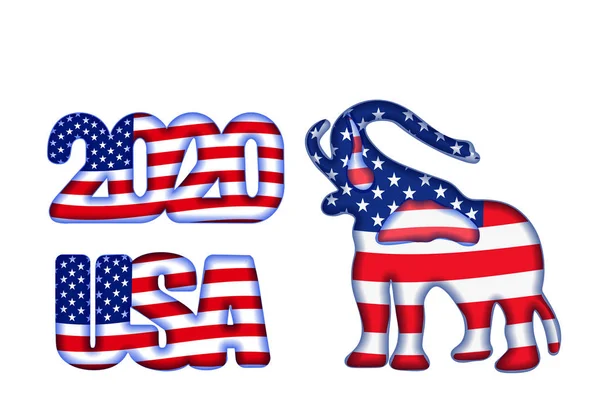 Президентские выборы в США до 2020 года. Символ Республиканской партии. Воздушные шары. Слон и надпись в цвете флага. иллюстрация — стоковый вектор
