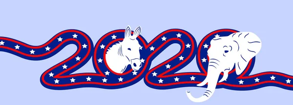 Elezioni presidenziali USA 2020. Simbolo del Partito Repubblicano e Democratico. Iscrizione Elefante e Asino in colore bandiera. illustrazione — Vettoriale Stock