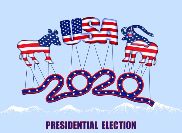 Εμείς προεδρικές εκλογές 2020. Elephant και Donkey επιγραφή στο χρώμα της σημαίας πετούν σε μπαλόνια. απεικόνιση — Διανυσματικό Αρχείο