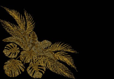 Tropik altın palmiye yaprakları. Ogawa, Monstera, Muz. Dairelerden şekil verilmiş. resimleme