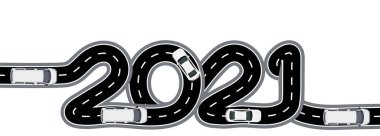 2021 New Year. The road with markings is stylized as an inscription. Car traffic. Isolated illustration