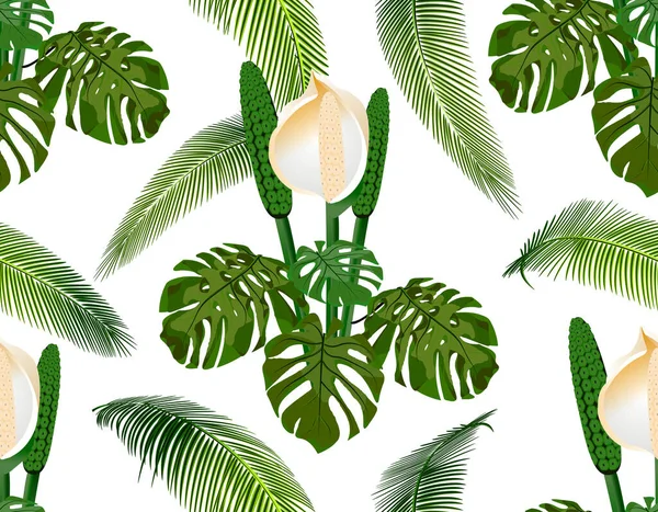 Jungle. Green tropical palm leaf, monster flowers. Seamless floral pattern. Isolated on white background. illustration — Stok Vektör