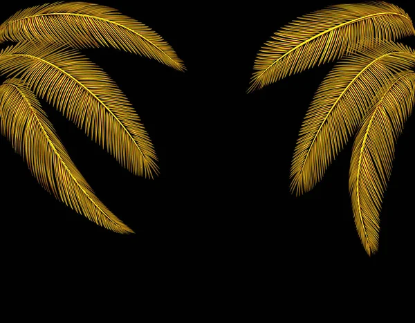 Tropical Different shaped golden palm leaves. At both sides. Isolated on a black background without mesh and gradient. illustration — Stockvector