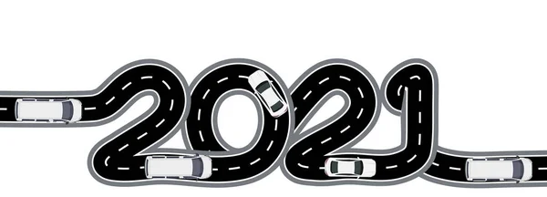 2021 Nouvel An. La route avec des marques est stylisée comme une inscription. Trafic automobile. Illustration isolée — Image vectorielle