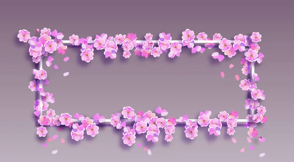 Sakura op een wit frame en achtergrond met verloop. Plaats voor reclame, aankondiging. Kersentakken met delicate roze bloemen en knoppen. illustratie — Stockvector