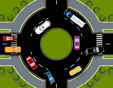 Roundabout with traffic circle. Bus, cars, truck, SUV. Close-up with lawns. illustration clipart