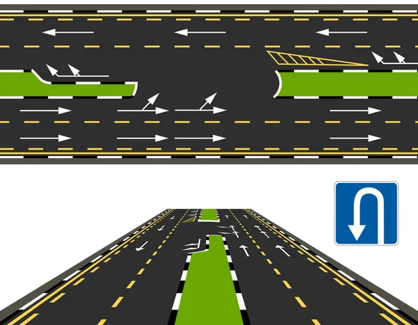 Vista superior y vista de perspectiva de una carretera, una carretera en U. Marcación vial. ilustración — Vector de stock